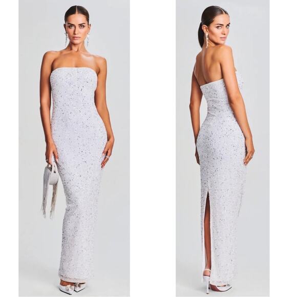 Retrofete Riverly Strapless Sequin Embellished Silver White Maxi Dress Size XS - Picture 1 of 9